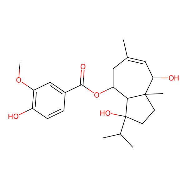 2D Structure of [(3R,3aS,4S,8S,8aS)-3,8-dihydroxy-6,8a-dimethyl-3-propan-2-yl-1,2,3a,4,5,8-hexahydroazulen-4-yl] 4-hydroxy-3-methoxybenzoate
