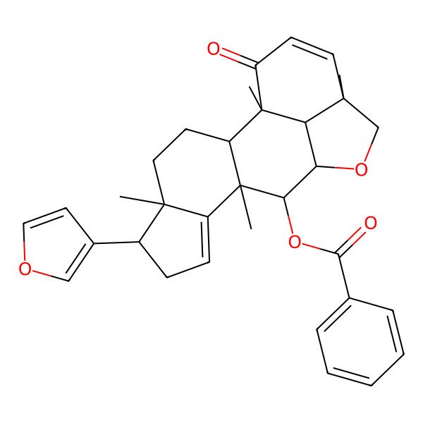 2D Structure of [(1R,2S,5S,6R,10R,11S,12R,15R,19S)-6-(furan-3-yl)-1,5,10,15-tetramethyl-18-oxo-13-oxapentacyclo[10.6.1.02,10.05,9.015,19]nonadeca-8,16-dien-11-yl] benzoate