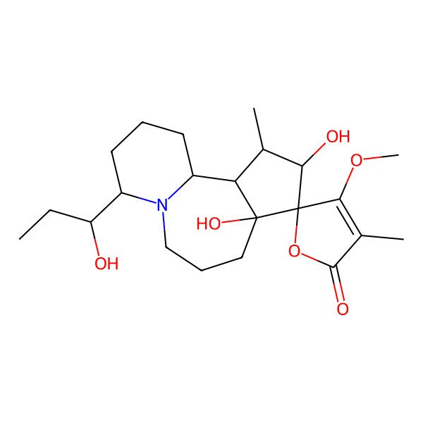 2D Structure of 4,6-Dihydroxy-11-(1-hydroxypropyl)-4'-methoxy-3,3'-dimethylspiro[10-azatricyclo[8.4.0.02,6]tetradecane-5,5'-furan]-2'-one