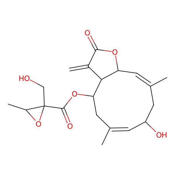 2D Structure of [(3aR,4R,6E,8R,10E,11aR)-8-hydroxy-6,10-dimethyl-3-methylidene-2-oxo-3a,4,5,8,9,11a-hexahydrocyclodeca[b]furan-4-yl] (2R,3R)-2-(hydroxymethyl)-3-methyloxirane-2-carboxylate