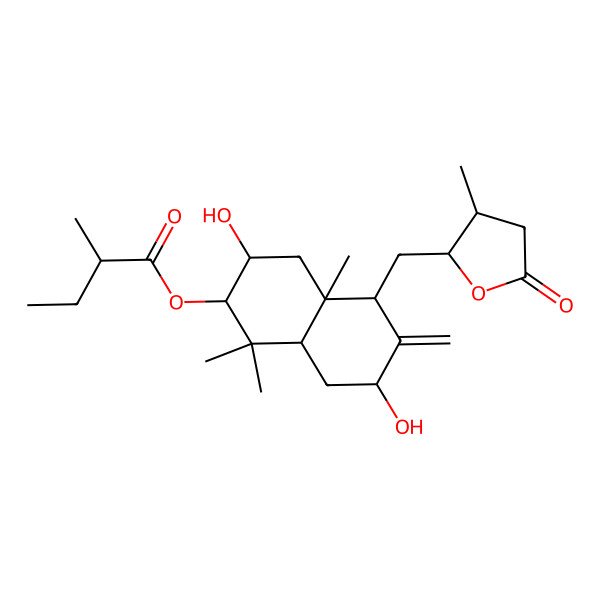 2D Structure of [3,7-dihydroxy-1,1,4a-trimethyl-6-methylidene-5-[(3-methyl-5-oxooxolan-2-yl)methyl]-3,4,5,7,8,8a-hexahydro-2H-naphthalen-2-yl] 2-methylbutanoate