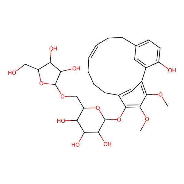 2D Structure of 2-[[3,4-Dihydroxy-5-(hydroxymethyl)oxolan-2-yl]oxymethyl]-6-[(17-hydroxy-3,4-dimethoxy-5-tricyclo[12.3.1.12,6]nonadeca-1(17),2,4,6(19),10,14(18),15-heptaenyl)oxy]oxane-3,4,5-triol
