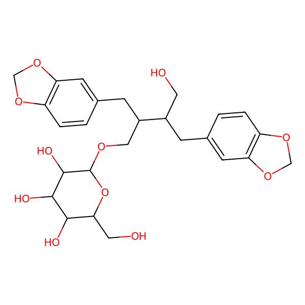 2D Structure of (2R,3R,4S,5S,6R)-2-[(3R)-2,3-bis(1,3-benzodioxol-5-ylmethyl)-4-hydroxybutoxy]-6-(hydroxymethyl)oxane-3,4,5-triol