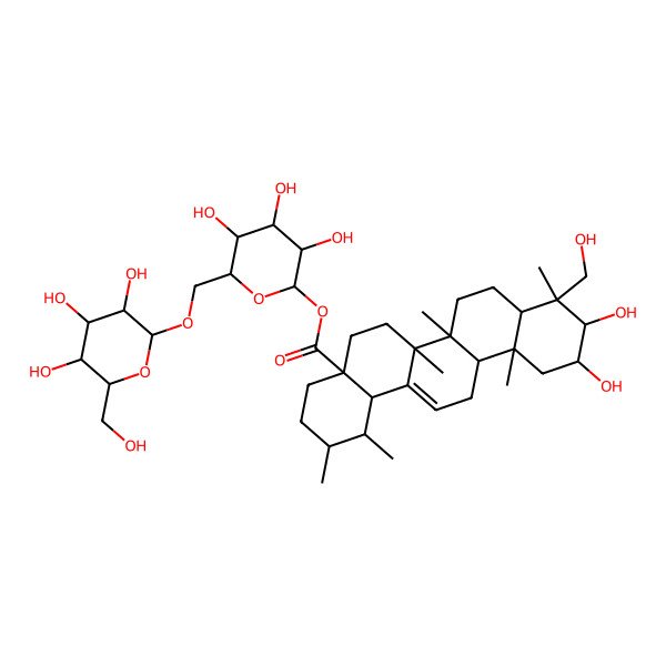 2D Structure of [3,4,5-trihydroxy-6-[[3,4,5-trihydroxy-6-(hydroxymethyl)oxan-2-yl]oxymethyl]oxan-2-yl] 10,11-dihydroxy-9-(hydroxymethyl)-1,2,6a,6b,9,12a-hexamethyl-2,3,4,5,6,6a,7,8,8a,10,11,12,13,14b-tetradecahydro-1H-picene-4a-carboxylate