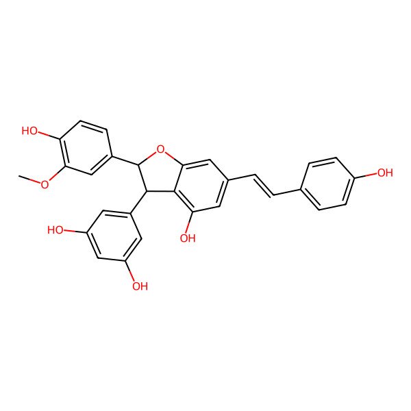 2D Structure of 5-[(2S,3S)-4-hydroxy-2-(4-hydroxy-3-methoxyphenyl)-6-[2-(4-hydroxyphenyl)ethenyl]-2,3-dihydro-1-benzofuran-3-yl]benzene-1,3-diol