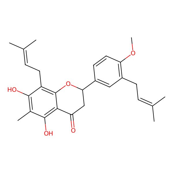 2D Structure of (2R)-5,7-dihydroxy-2-[4-methoxy-3-(3-methylbut-2-enyl)phenyl]-6-methyl-8-(3-methylbut-2-enyl)-2,3-dihydrochromen-4-one