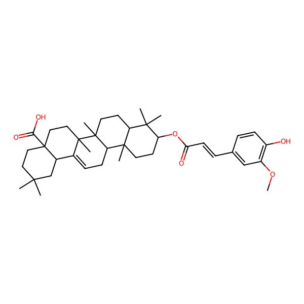 2D Structure of (4aS,6aR,6aS,6bR,8aR,10S,12aR,14bS)-10-[(E)-3-(4-hydroxy-3-methoxyphenyl)prop-2-enoyl]oxy-2,2,6a,6b,9,9,12a-heptamethyl-1,3,4,5,6,6a,7,8,8a,10,11,12,13,14b-tetradecahydropicene-4a-carboxylic acid