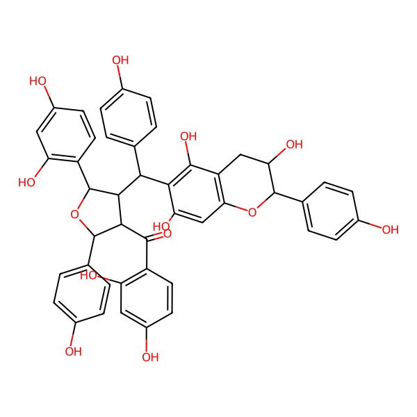 2D Structure of (2,4-dihydroxyphenyl)-[(2R,3R,4R,5S)-5-(2,4-dihydroxyphenyl)-2-(4-hydroxyphenyl)-4-[(4-hydroxyphenyl)-[(2S,3R)-3,5,7-trihydroxy-2-(4-hydroxyphenyl)-3,4-dihydro-2H-chromen-6-yl]methyl]oxolan-3-yl]methanone
