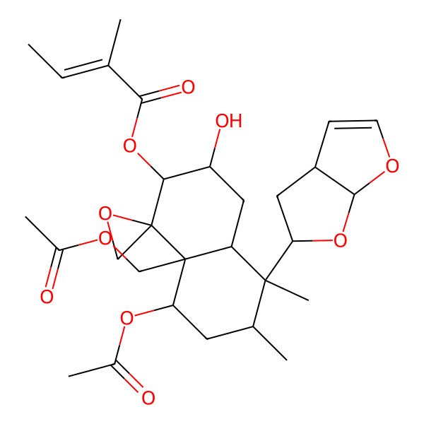 2D Structure of [5-(3a,4,5,6a-tetrahydrofuro[2,3-b]furan-5-yl)-8-acetyloxy-8a-(acetyloxymethyl)-3-hydroxy-5,6-dimethylspiro[3,4,4a,6,7,8-hexahydro-2H-naphthalene-1,2'-oxirane]-2-yl] 2-methylbut-2-enoate