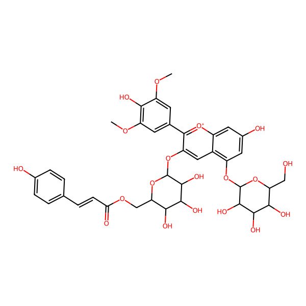 2D Structure of [(2R,3S,4S,5R,6S)-3,4,5-trihydroxy-6-[7-hydroxy-2-(4-hydroxy-3,5-dimethoxyphenyl)-5-[(2S,3R,4S,5S,6R)-3,4,5-trihydroxy-6-(hydroxymethyl)oxan-2-yl]oxychromenylium-3-yl]oxyoxan-2-yl]methyl 3-(4-hydroxyphenyl)prop-2-enoate