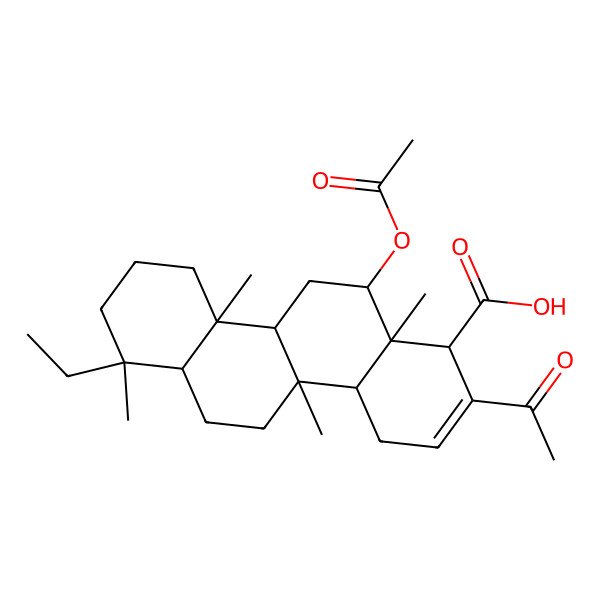 2D Structure of 2-Acetyl-12-acetyloxy-7-ethyl-4b,7,10a,12a-tetramethyl-1,4,4a,5,6,6a,8,9,10,10b,11,12-dodecahydrochrysene-1-carboxylic acid