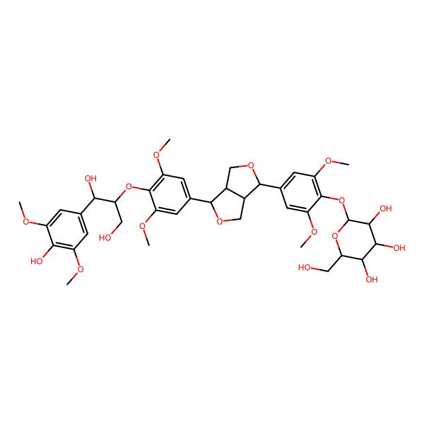 2D Structure of (2S,3R,4S,5S,6R)-2-[4-[(3R,3aS,6R,6aS)-6-[4-[1,3-dihydroxy-1-(4-hydroxy-3,5-dimethoxyphenyl)propan-2-yl]oxy-3,5-dimethoxyphenyl]-1,3,3a,4,6,6a-hexahydrofuro[3,4-c]furan-3-yl]-2,6-dimethoxyphenoxy]-6-(hydroxymethyl)oxane-3,4,5-triol