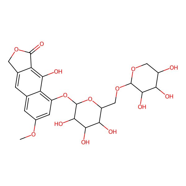 2D Structure of 9-hydroxy-6-methoxy-8-[(2S,3R,4S,5S,6R)-3,4,5-trihydroxy-6-[[(2R,3R,4R,5R)-3,4,5-trihydroxyoxan-2-yl]oxymethyl]oxan-2-yl]oxy-3H-benzo[f][2]benzofuran-1-one