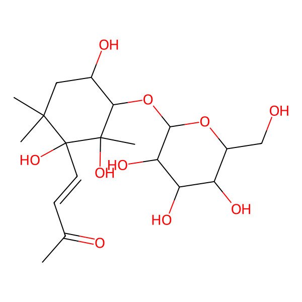 2D Structure of (E)-4-[(1R,2R,3S,4S)-1,2,4-trihydroxy-2,6,6-trimethyl-3-[(2S,3R,4S,5S,6R)-3,4,5-trihydroxy-6-(hydroxymethyl)oxan-2-yl]oxycyclohexyl]but-3-en-2-one