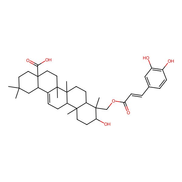 2D Structure of 9-[3-(3,4-Dihydroxyphenyl)prop-2-enoyloxymethyl]-10-hydroxy-2,2,6a,6b,9,12a-hexamethyl-1,3,4,5,6,6a,7,8,8a,10,11,12,13,14b-tetradecahydropicene-4a-carboxylic acid