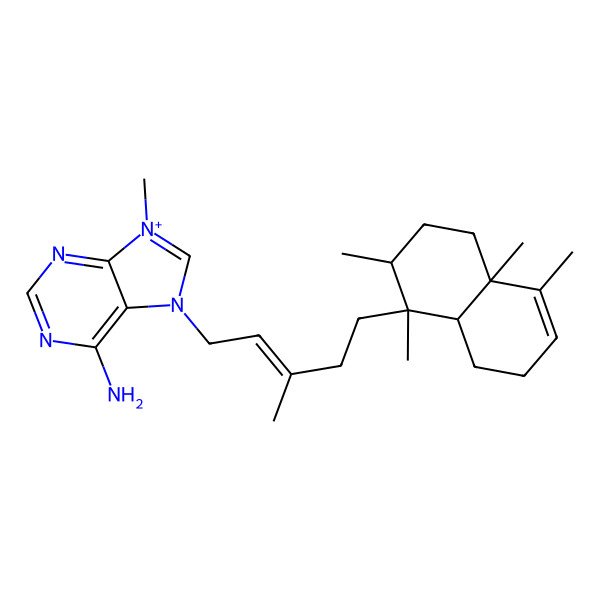2D Structure of 7-[5-[(1R,2S,4aR,8aS)-1,2,4a,5-tetramethyl-2,3,4,7,8,8a-hexahydronaphthalen-1-yl]-3-methylpent-2-enyl]-9-methylpurin-9-ium-6-amine