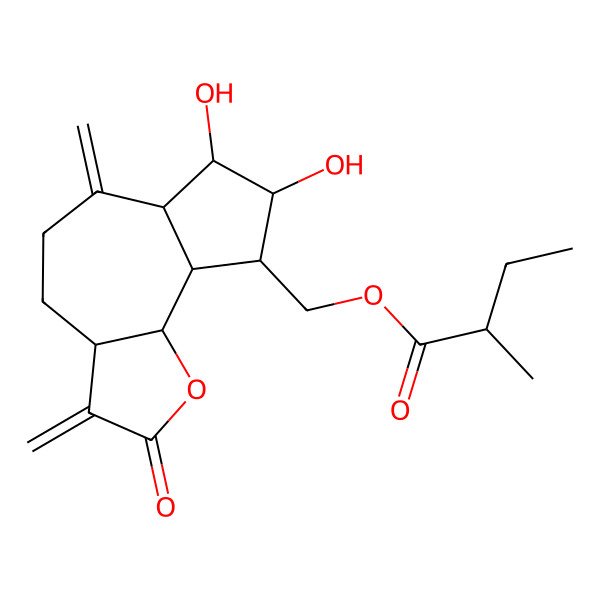 2D Structure of [(3aS,6aR,7R,8R,9R,9aS,9bR)-7,8-dihydroxy-3,6-dimethylidene-2-oxo-4,5,6a,7,8,9,9a,9b-octahydro-3aH-azuleno[8,7-b]furan-9-yl]methyl (2R)-2-methylbutanoate