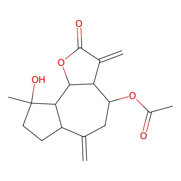 2D Structure of (9-Hydroxy-9-methyl-3,6-dimethylidene-2-oxo-3a,4,5,6a,7,8,9a,9b-octahydroazuleno[4,5-b]furan-4-yl) acetate