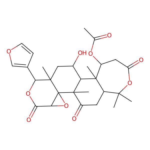 2D Structure of [(1R,2R,4S,7S,8S,10S,11R,12R,13S,18R)-7-(furan-3-yl)-10-hydroxy-1,8,12,17,17-pentamethyl-5,15,20-trioxo-3,6,16-trioxapentacyclo[9.9.0.02,4.02,8.012,18]icosan-13-yl] acetate