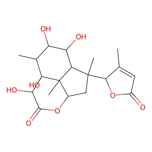 2D Structure of 7,8,10,11-tetrahydroxy-2,9,12-trimethyl-2-(3-methyl-5-oxo-2H-furan-2-yl)-5-oxatricyclo[6.3.1.04,12]dodecan-6-one