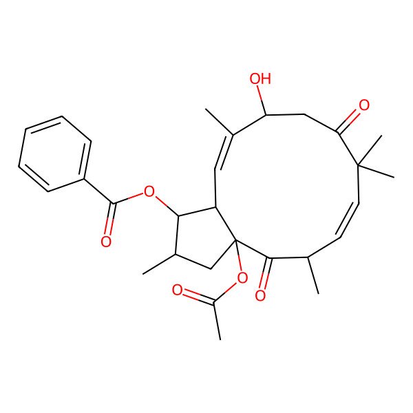 2D Structure of [(1S,2R,3aR,5S,6Z,11R,12Z,13aS)-3a-acetyloxy-11-hydroxy-2,5,8,8,12-pentamethyl-4,9-dioxo-2,3,5,10,11,13a-hexahydro-1H-cyclopenta[12]annulen-1-yl] benzoate