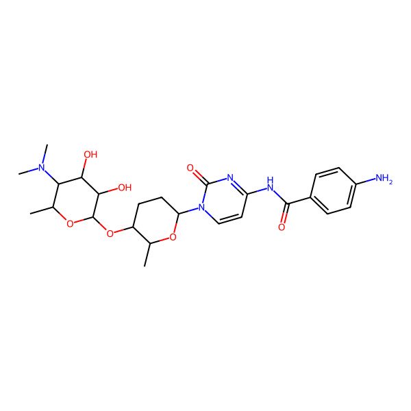 2D Structure of 4-Amino-N-(1-((2R,5S,6R)-5-(((2R,3R,4S,5S,6R)-5-(dimethylamino)-3,4-dihydroxy-6-methyltetrahydro-2H-pyran-2-yl)oxy)-6-methyltetrahydro-2H-pyran-2-yl)-2-oxo-1,2-dihydropyrimidin-4-yl)benzamide