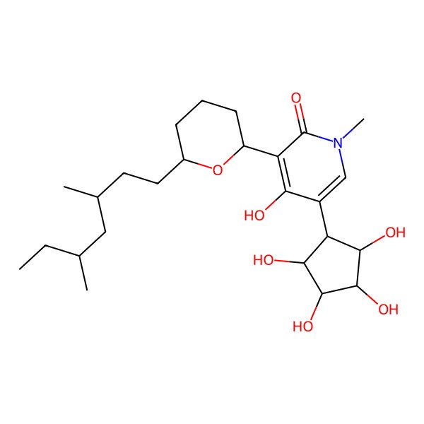 2D Structure of 3-[(2R,6S)-6-[(3S,5R)-3,5-dimethylheptyl]oxan-2-yl]-4-hydroxy-1-methyl-5-[(2S,3S,4R,5R)-2,3,4,5-tetrahydroxycyclopentyl]pyridin-2-one