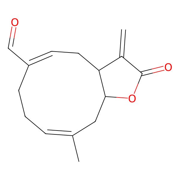 2D Structure of (3aR,5E,9E,11aS)-10-methyl-3-methylidene-2-oxo-3a,4,7,8,11,11a-hexahydrocyclodeca[b]furan-6-carbaldehyde