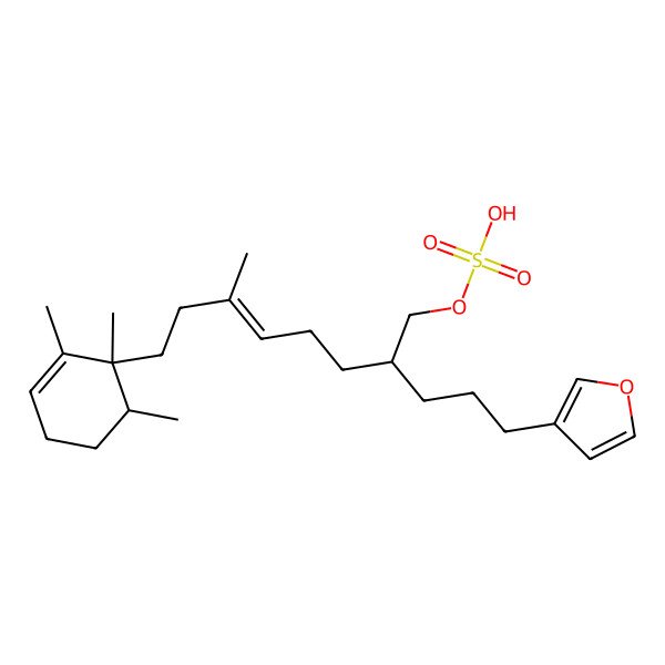 2D Structure of [2-[3-(furan-3-yl)propyl]-6-methyl-8-[(1S,6R)-1,2,6-trimethylcyclohex-2-en-1-yl]oct-5-enyl] hydrogen sulfate