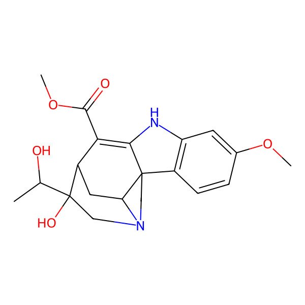 2D Structure of Methyl 12-hydroxy-12-(1-hydroxyethyl)-5-methoxy-8,14-diazapentacyclo[9.5.2.01,9.02,7.014,17]octadeca-2(7),3,5,9-tetraene-10-carboxylate