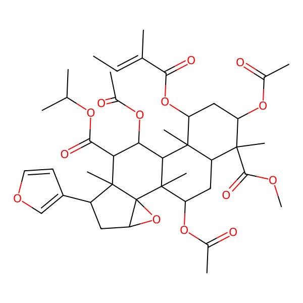 2D Structure of 15-O-methyl 8-O-propan-2-yl 9,14,18-triacetyloxy-6-(furan-3-yl)-1,7,11,15-tetramethyl-12-(2-methylbut-2-enoyloxy)-3-oxapentacyclo[8.8.0.02,4.02,7.011,16]octadecane-8,15-dicarboxylate