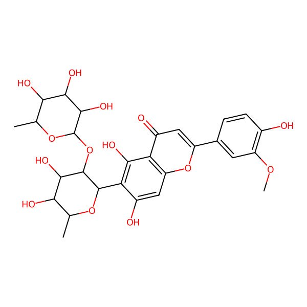 2D Structure of 6-[6-Deoxy-2-O-(6-deoxy-alpha-L-mannopyranosyl)-beta-galactopyranosyl]-5,7-dihydroxy-2-(4-hydroxy-3-methoxyphenyl)-4H-1-benzopyran-4-one