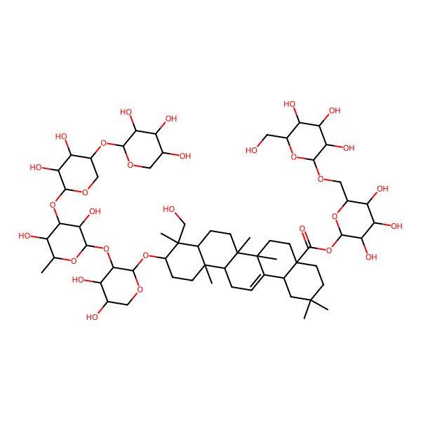 2D Structure of [(2S,3R,4S,5S,6R)-3,4,5-trihydroxy-6-[[(2R,3R,4S,5S,6R)-3,4,5-trihydroxy-6-(hydroxymethyl)oxan-2-yl]oxymethyl]oxan-2-yl] (4aS,6aR,6aS,6bR,8aR,9R,10S,12aR,14bS)-10-[(2S,3R,4S,5S)-3-[(2S,3R,4R,5S,6S)-4-[(2S,3R,4R,5R)-3,4-dihydroxy-5-[(2S,3R,4S,5R)-3,4,5-trihydroxyoxan-2-yl]oxyoxan-2-yl]oxy-3,5-dihydroxy-6-methyloxan-2-yl]oxy-4,5-dihydroxyoxan-2-yl]oxy-9-(hydroxymethyl)-2,2,6a,6b,9,12a-hexamethyl-1,3,4,5,6,6a,7,8,8a,10,11,12,13,14b-tetradecahydropicene-4a-carboxylate