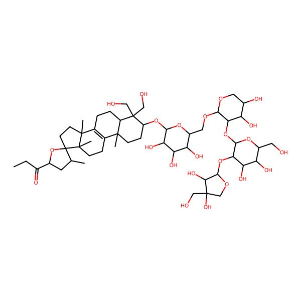 2D Structure of 1-[(2'S,3S,4'R,5R,10S,13S,14S,17S)-3-[(2R,3R,4S,5S,6R)-6-[[(2S,3R,4S,5S)-3-[(2S,3R,4S,5S,6R)-3-[(2S,3R,4R)-3,4-dihydroxy-4-(hydroxymethyl)oxolan-2-yl]oxy-4,5-dihydroxy-6-(hydroxymethyl)oxan-2-yl]oxy-4,5-dihydroxyoxan-2-yl]oxymethyl]-3,4,5-trihydroxyoxan-2-yl]oxy-4,4-bis(hydroxymethyl)-4',10,13,14-tetramethylspiro[1,2,3,5,6,7,11,12,15,16-decahydrocyclopenta[a]phenanthrene-17,5'-oxolane]-2'-yl]propan-1-one