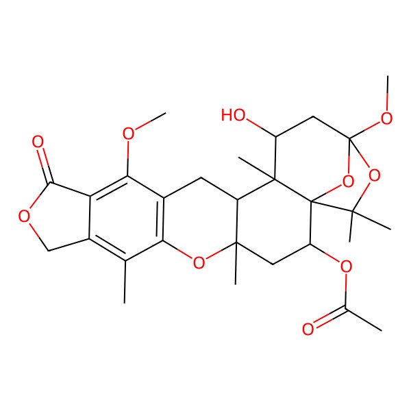 2D Structure of (18-Hydroxy-13,20-dimethoxy-4,7,17,22,22-pentamethyl-11-oxo-5,10,21,23-tetraoxahexacyclo[18.2.1.01,17.04,16.06,14.08,12]tricosa-6(14),7,12-trien-2-yl) acetate
