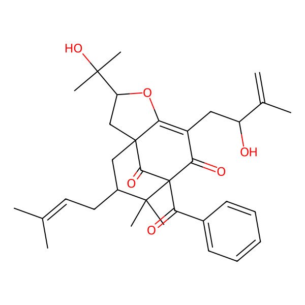 2D Structure of 8-Benzoyl-6-(2-hydroxy-3-methylbut-3-enyl)-3-(2-hydroxypropan-2-yl)-9,9-dimethyl-10-(3-methylbut-2-enyl)-4-oxatricyclo[6.3.1.01,5]dodec-5-ene-7,12-dione