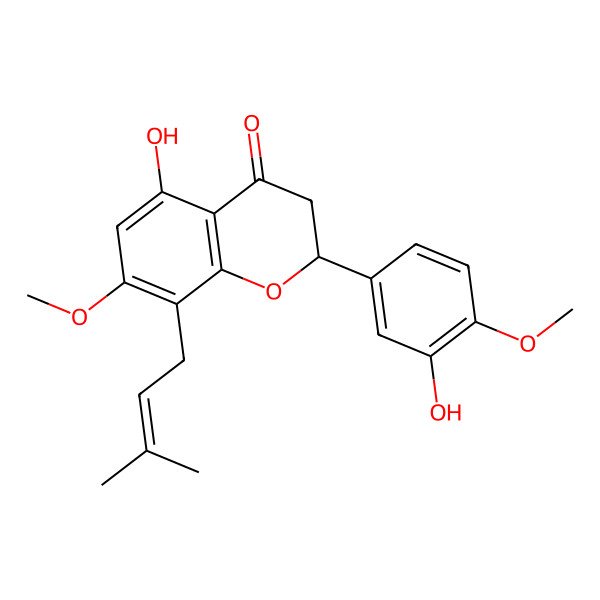 2D Structure of (2S)-5-hydroxy-2-(3-hydroxy-4-methoxyphenyl)-7-methoxy-8-(3-methylbut-2-enyl)-2,3-dihydrochromen-4-one