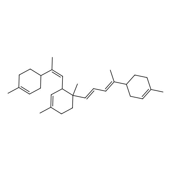 2D Structure of (3R,4S)-1,4-dimethyl-4-[(1E,3E)-4-[(1R)-4-methylcyclohex-3-en-1-yl]penta-1,3-dienyl]-3-[(E)-2-[(1R)-4-methylcyclohex-3-en-1-yl]prop-1-enyl]cyclohexene