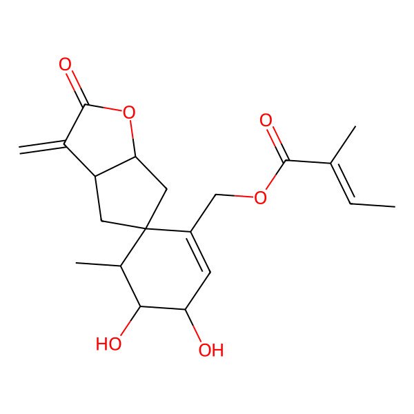 2D Structure of [(3'S,3aR,4'S,5R,5'R,6aR)-3',4'-dihydroxy-5'-methyl-3-methylidene-2-oxospiro[3a,4,6,6a-tetrahydrocyclopenta[b]furan-5,6'-cyclohexene]-1'-yl]methyl (Z)-2-methylbut-2-enoate