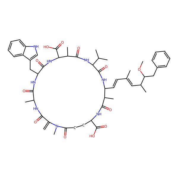 2D Structure of (5R,8S,11R,12S,15S,18S,19S,22R)-8-(1H-indol-3-ylmethyl)-18-[(1E,3E,5S,6S)-6-methoxy-3,5-dimethyl-7-phenylhepta-1,3-dienyl]-1,5,12,19-tetramethyl-2-methylidene-3,6,9,13,16,20,25-heptaoxo-15-propan-2-yl-1,4,7,10,14,17,21-heptazacyclopentacosane-11,22-dicarboxylic acid