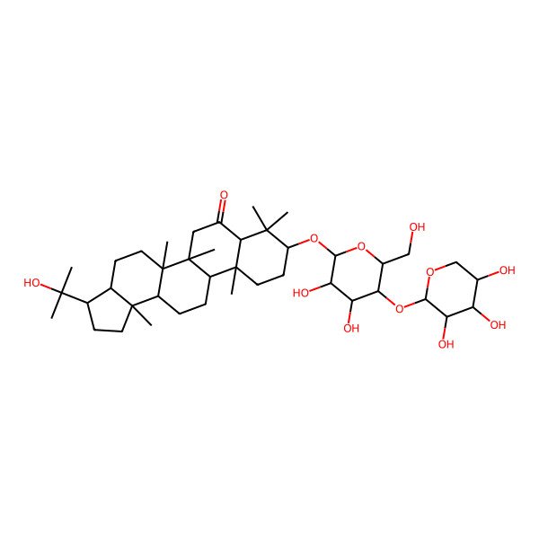 2D Structure of 9-[3,4-dihydroxy-6-(hydroxymethyl)-5-(3,4,5-trihydroxyoxan-2-yl)oxyoxan-2-yl]oxy-3-(2-hydroxypropan-2-yl)-5a,5b,8,8,11a,13b-hexamethyl-2,3,3a,4,5,6,7a,9,10,11,11b,12,13,13a-tetradecahydro-1H-cyclopenta[a]chrysen-7-one
