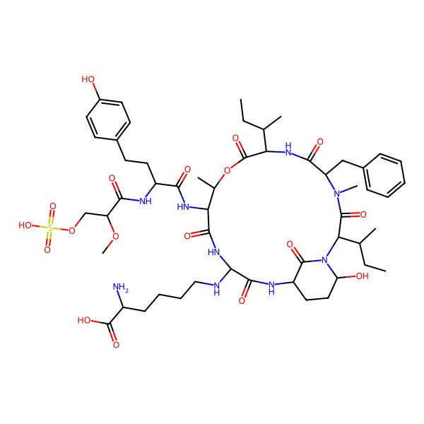 2D Structure of (2R)-2-amino-6-[[(2S,5S,8S,11R,12S,15R,18S,21R)-5-benzyl-2,8-bis[(2S)-butan-2-yl]-21-hydroxy-12-[[(2R)-4-(4-hydroxyphenyl)-2-[[(2R)-2-methoxy-3-sulfooxypropanoyl]amino]butanoyl]amino]-4,11-dimethyl-3,6,9,13,16,22-hexaoxo-10-oxa-1,4,7,14,17-pentazabicyclo[16.3.1]docosan-15-yl]amino]hexanoic acid