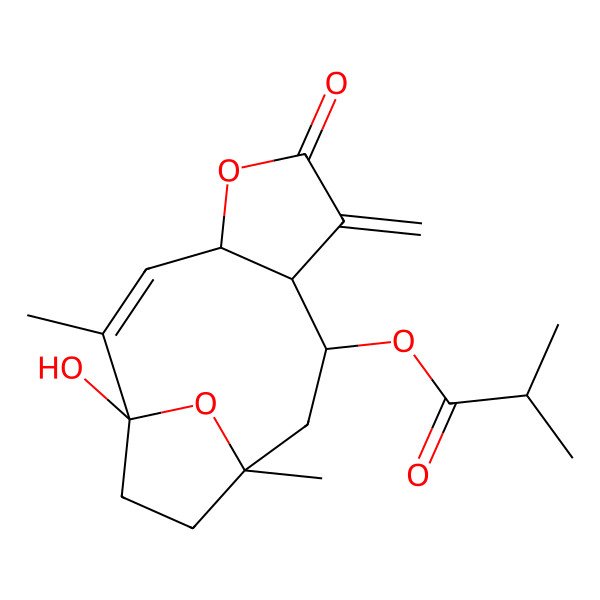 2D Structure of (1-Hydroxy-2,11-dimethyl-7-methylidene-6-oxo-5,14-dioxatricyclo[9.2.1.04,8]tetradec-2-en-9-yl) 2-methylpropanoate