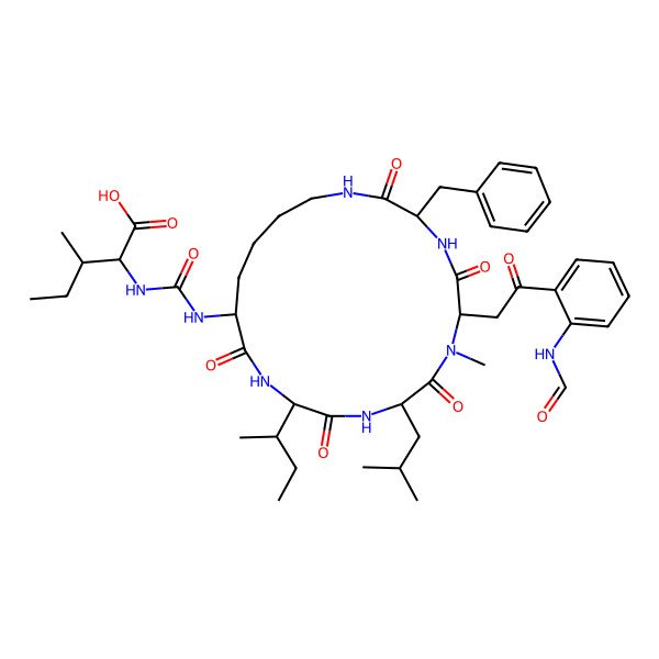 2D Structure of (2S)-2-[[(3S,6R,9S,12S,15S)-3-benzyl-6-[2-(2-formamidophenyl)-2-oxo-ethyl]-9-isobutyl-7-methyl-2,5,8,11,14-pentaoxo-12-sec-butyl-1,4,7,10,13-pentazacyclononadec-15-yl]carbamoylamino]-3-methyl-pentanoic acid