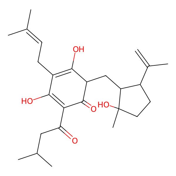 2D Structure of 3,5-Dihydroxy-6-[(2-hydroxy-2-methyl-5-prop-1-en-2-ylcyclopentyl)methyl]-2-(3-methylbutanoyl)-4-(3-methylbut-2-enyl)cyclohexa-2,4-dien-1-one