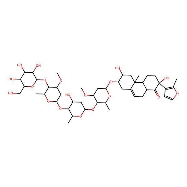 2D Structure of 2,6-dihydroxy-7-[5-[4-hydroxy-5-[4-methoxy-6-methyl-5-[3,4,5-trihydroxy-6-(hydroxymethyl)oxan-2-yl]oxyoxan-2-yl]oxy-6-methyloxan-2-yl]oxy-4-methoxy-6-methyloxan-2-yl]oxy-4b-methyl-2-(2-methylfuran-3-yl)-4,4a,5,6,7,8,10,10a-octahydro-3H-phenanthren-1-one