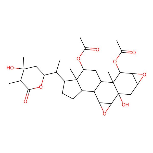 2D Structure of [10-Acetyloxy-5-hydroxy-16-[1-(4-hydroxy-4,5-dimethyl-6-oxooxan-2-yl)ethyl]-11,15-dimethyl-3,8-dioxahexacyclo[10.7.0.02,4.05,11.07,9.015,19]nonadecan-14-yl] acetate