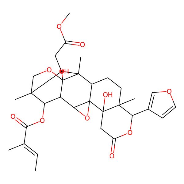2D Structure of [(1R,2R,4S,5S,9S,10S,13R,14S,15S,16S,19R,20R)-9-(furan-3-yl)-5,19-dihydroxy-15-(2-methoxy-2-oxoethyl)-10,14,16-trimethyl-7-oxo-3,8,18-trioxahexacyclo[14.3.1.02,4.04,13.05,10.014,19]icosan-20-yl] (E)-2-methylbut-2-enoate
