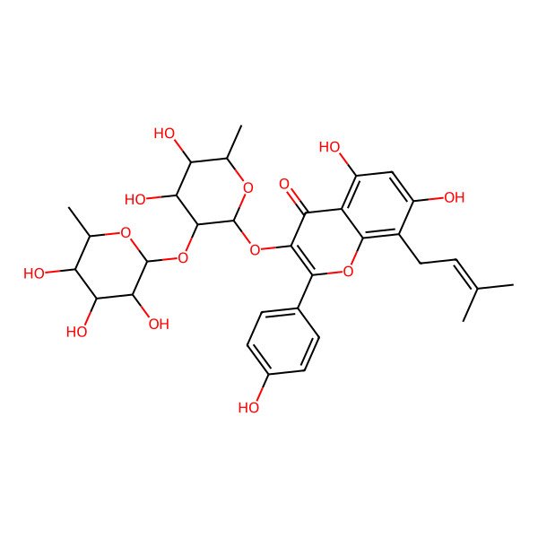 2D Structure of 3-[(2S,3R,4R,5R,6S)-4,5-dihydroxy-6-methyl-3-[(2S,3R,4R,5R,6S)-3,4,5-trihydroxy-6-methyloxan-2-yl]oxyoxan-2-yl]oxy-5,7-dihydroxy-2-(4-hydroxyphenyl)-8-(3-methylbut-2-enyl)chromen-4-one