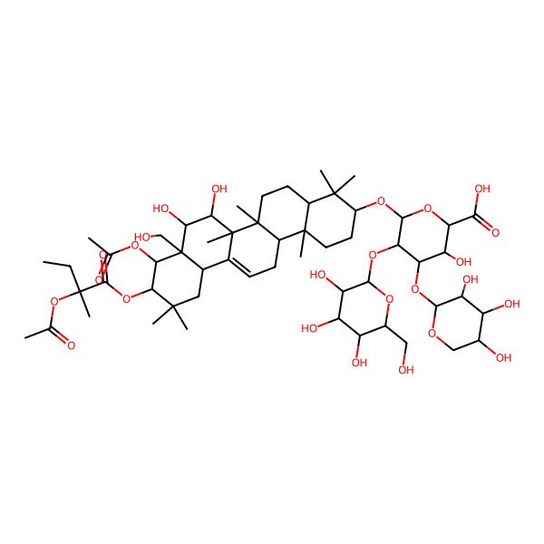 2D Structure of (2S,3S,4S,5R,6R)-6-[[(3S,4aR,6aR,6bS,7R,8S,8aR,9R,10R,12aS,14aR,14bR)-9-acetyloxy-10-[(2S)-2-acetyloxy-2-methylbutanoyl]oxy-7,8-dihydroxy-8a-(hydroxymethyl)-4,4,6a,6b,11,11,14b-heptamethyl-1,2,3,4a,5,6,7,8,9,10,12,12a,14,14a-tetradecahydropicen-3-yl]oxy]-3-hydroxy-5-[(2S,3R,4S,5S,6R)-3,4,5-trihydroxy-6-(hydroxymethyl)oxan-2-yl]oxy-4-[(2S,3R,4S,5S)-3,4,5-trihydroxyoxan-2-yl]oxyoxane-2-carboxylic acid